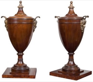 A Pair of George III Gilt Brass Mounted Parcel Gilt Mahogany Urns 
